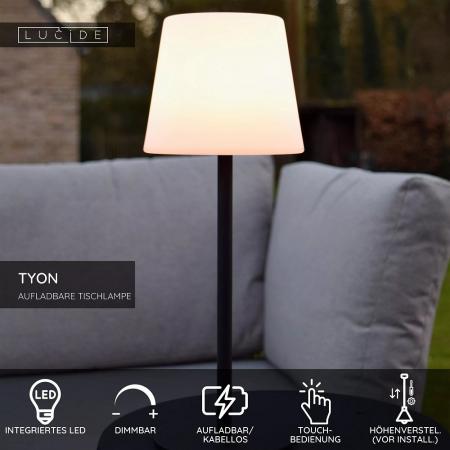 Lucide TYON – elegante Akku Tischleuchte für Innen & Außen in Schwarz mit warmweißem Licht