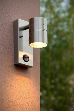 Lucide ARNE LED Wandstrahler Außen GU10 Chrom Matt Sensor IP44