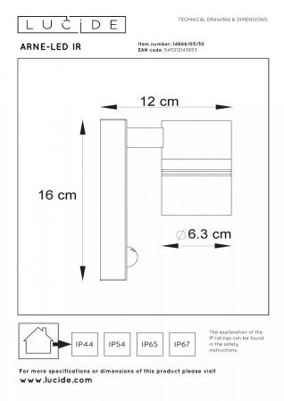 LUCIDE ARNE-LED IR Wandstrahler Außen GU10 IP44 Schwarz mit Sensor