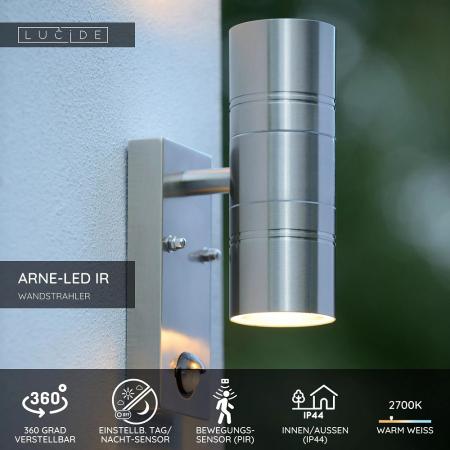 Lucide ARNE-LED IR Wandstrahler Chrom Matt GU10 IP44 Sensor Außen