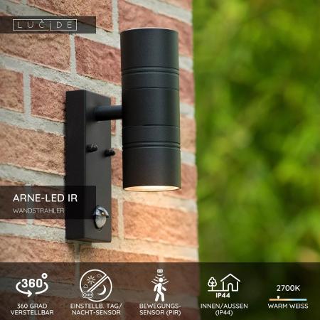 Lucide ARNE-LED IR Wandstrahler Außen Schwarz GU10 IP44 mit Sensor
