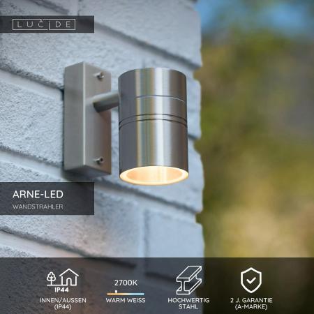 Lucide ARNE-LED – Wandstrahler / Wandleuchte Innen & Außen – Ø 6,3 cm – LED GU10 – 1x5W 2700K – IP44 – Chrom matt