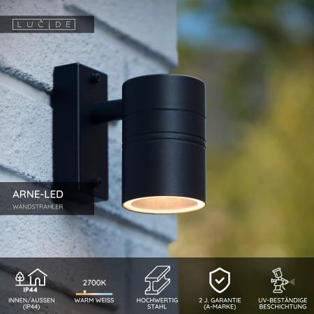 Lucide ARNE-LED Wandstrahler IP44 Schwarz – 1x GU10 LED 2700K Außenwandleuchte