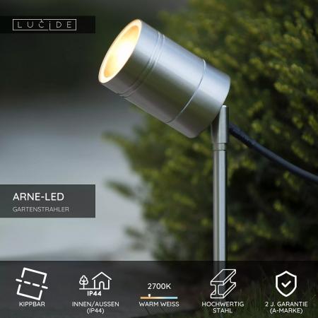 Lucide ARNE-LED Gartenstrahler Ø6,3 cm GU10 LED 5W 2700K IP44 Chrom Matt