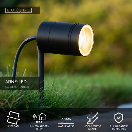 Lucide ARNE-LED Gartenstrahler Ø6,3 cm GU10 LED 5W 2700K IP44 Schwarz