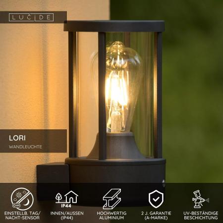 Lucide LORI – Außenwandleuchte E27 Ø12 cm IP44 Anthrazit mit Tag/Nacht-Sensor
