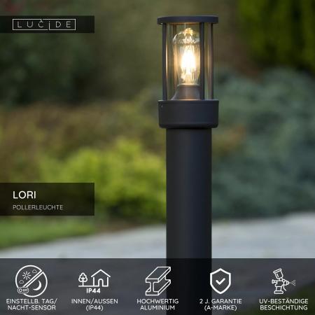Lucide LORI Pollerleuchte Anthrazit – 1xE27, IP44, Tag/Nacht-Sensor, 80 cm