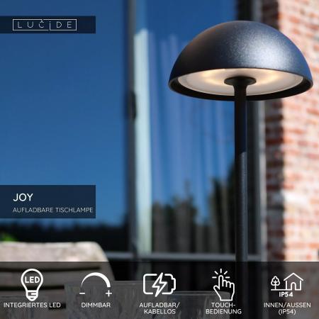 Lucide JOY – kompakte Akku Tischleuchte für Innen & Außen in Schwarz mit warmweißem Licht