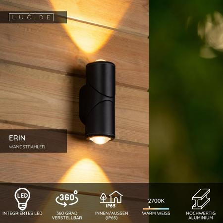 Lucide ERIN Wandstrahler / Wandleuchte Schwarz LED 2x5W IP65