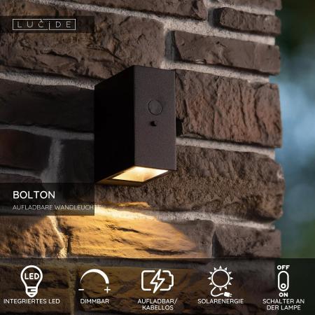 Lucide BOLTON – Solar LED Außenwandleuchte 1x1W 3000K IP54 Schwarz mit Sensor