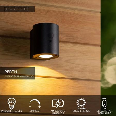 Lucide PERTH – Solar LED Außenwandleuchte Ø9 cm 1x1W 2700K/3000K IP65 Schwarz mit Sensor