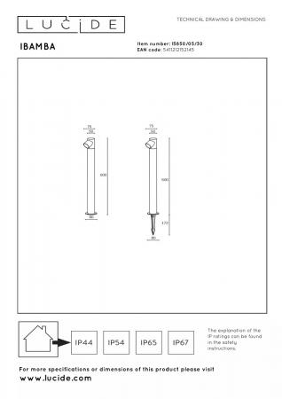 Lucide IBAMBA LED Pollerleuchte Schwarz – 6W, 3000K, IP65, 60 cm