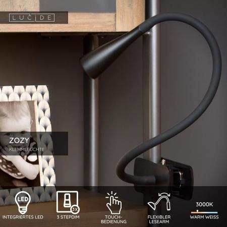 Lucide ZOZY Klemmleuchte LED 1x4W 3000K Schwarz 3-StepDim flexibel