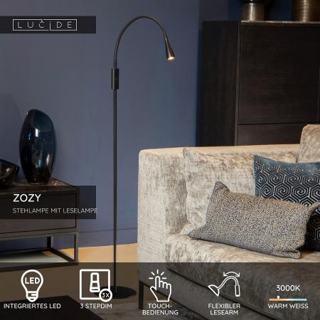 Lucide ZOZY LED Stehlampe mit Lesearm 4W 3000K 3-StepDim Schwarz modern