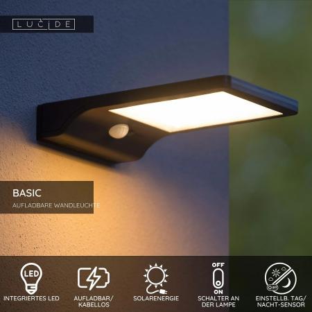Lucide BASIC Solar-Wandleuchte Schwarz LED 3W IP44 Bewegungs- & Tag/Nacht-Sensor