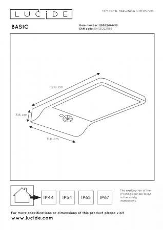 Lucide BASIC Solar-Wandleuchte Schwarz LED 3W IP44 Bewegungs- & Tag/Nacht-Sensor