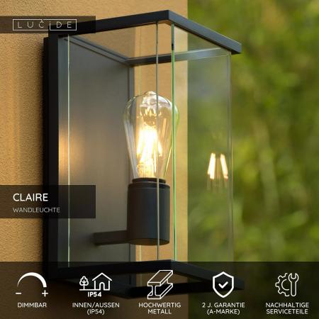 Lucide CLAIRE – Wandleuchte Innen & Außen – 1x E27 – IP54 – Anthrazit