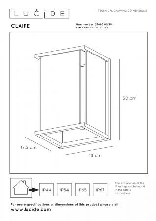 Lucide CLAIRE – Wandleuchte Innen & Außen – 1x E27 – IP54 – Anthrazit