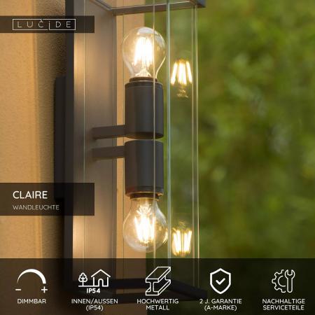 Lucide CLAIRE Wandleuchte Innen/Außen Anthrazit E27 2x IP54 Glas Metall dimmbar