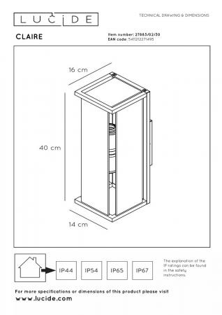 Lucide CLAIRE Wandleuchte Innen/Außen Anthrazit E27 2x IP54 Glas Metall dimmbar