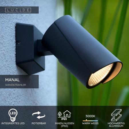 Lucide MANAL – LED Wandstrahler Außen 1x13W 3000K IP65 Anthrazit