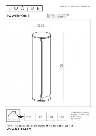  Lucide POWERPOINT - Steckdosensäule für den Außenbereich - Steckdose mit Erdungsstift - Typ E - FR, BE, POL, SVK & CZE Standard - Ø 10 cm - IP44 - Anthrazit