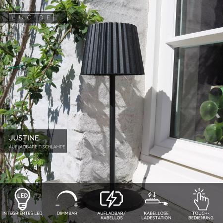 Lucide JUSTINE – moderne Akku Tischleuchte für Innen & Außen in Schwarz mit warmweißem Licht