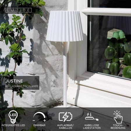 Lucide JUSTINE – moderne Akku Tischleuchte für Innen & Außen in Weiß mit warmweißem Licht