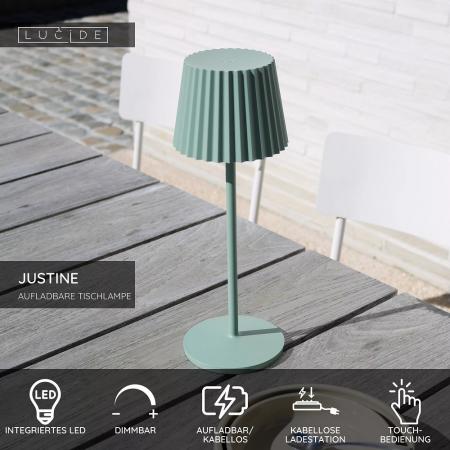 Lucide JUSTINE – moderne Akku Tischleuchte für Innen & Außen in Grün mit warmweißem Licht
