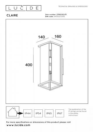 Lucide CLAIRE Wandleuchte Innen/Außen Weiß E27 2x IP54 Glas Metall dimmbar