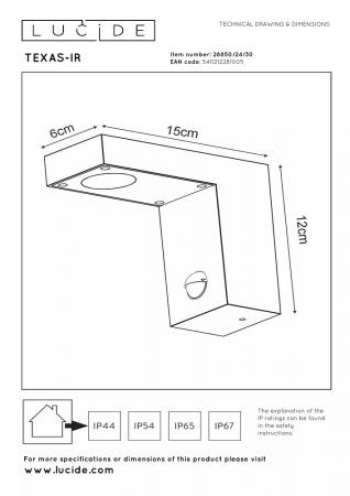 Lucide TEXAS-IR – Wandstrahler / Wandleuchte Innen & Außen – LED 7W 3000K – IP54 – Bewegung & Tag/Nacht-Sensor (abschaltbar) – Anthrazit