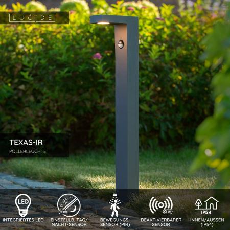 Lucide TEXAS-IR LED Pollerleuchte Anthrazit – 7W, 3000K, IP54, mit Bewegungsmelder