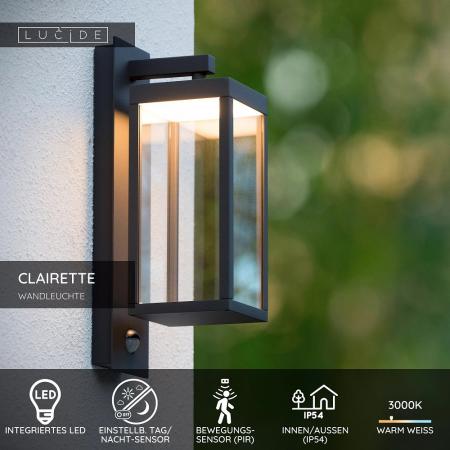 Lucide CLAIRETTE - Wandleuchte Innen/Außen - LED - 1x13W 3000K - IP54 - Bewegung und Tag/Nacht-Sensor - Anthrazit