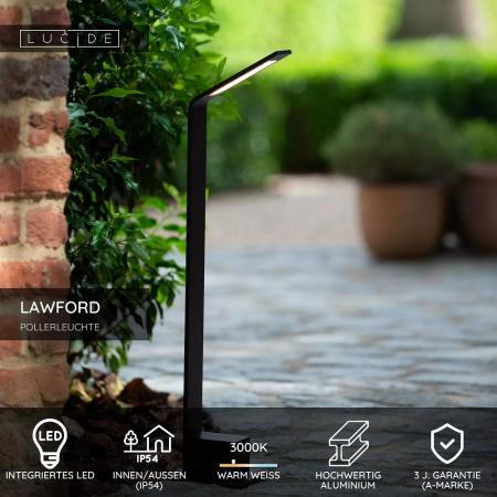 Lucide LAWFORD LED Pollerleuchte Schwarz – 6W, 3000K, IP54, 60 cm