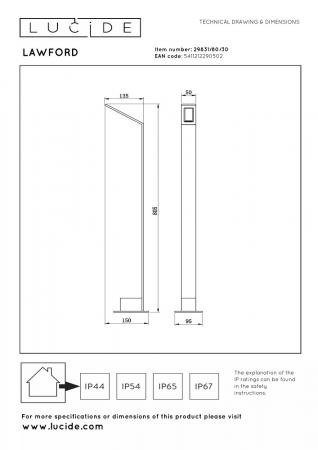 Lucide LAWFORD LED Pollerleuchte Schwarz – 6W, 3000K, IP54, 80,5 cm