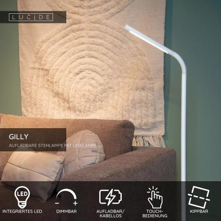 Lucide Stehlampe GILLY – Akku LED Leselampe mit Touchdimmer Weiß