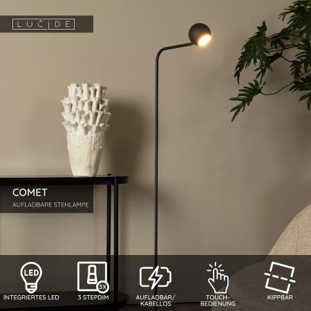 Lucide COMET LED Stehleuchte Akku 138cm 3W 2700K Schwarz 3 StepDim