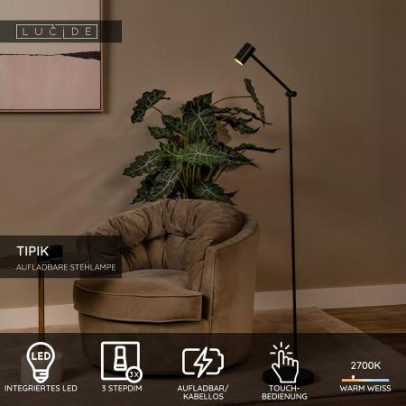 Lucide TIPIK Akku Stehlampe LED 3W 2700K Schwarz 3-StepDim dimmbar