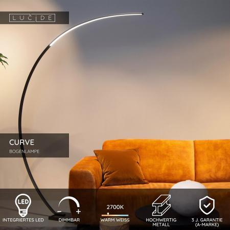 Lucide CURVE Bogenlampe LED 15W 2700K Schwarz dimmbar mit Marmorfuß
