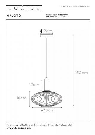 Lucide MALOTO Pendelleuchte Ø30 cm Amber Glas E27 dimmbar Retro