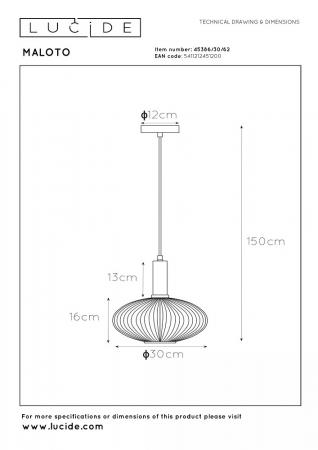 Lucide MALOTO Pendelleuchte Ø30 cm Amber Glas E27 dimmbar Retro