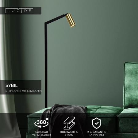Lucide Stehlampe SYBIL – Stehleuchte mit Leselampe & Messingakzent Schwarz