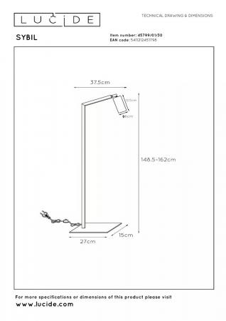 Lucide Stehlampe SYBIL – Stehleuchte mit Leselampe & Messingakzent Schwarz
