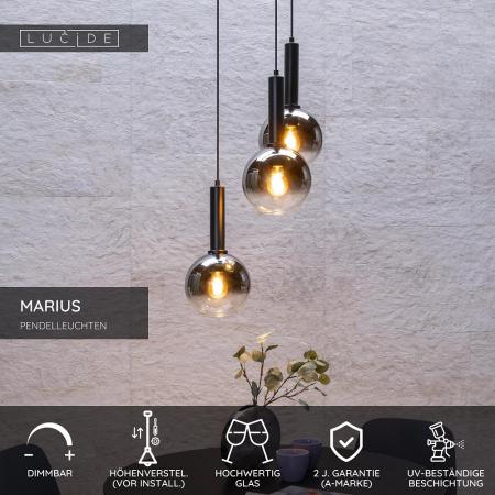 Lucide MARIUS Pendelleuchte Ø48,5cm 3xE27 Schwarz Rauchglas höhenverstellbar
