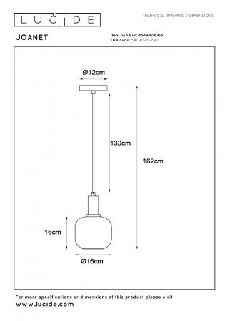 Lucide JOANET Pendelleuchte Ø16 cm E27 Rauchglas Grau Messing
