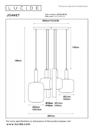 Lucide JOANET Pendelleuchte Ø65 cm 4xE27 Messing Rauchglas