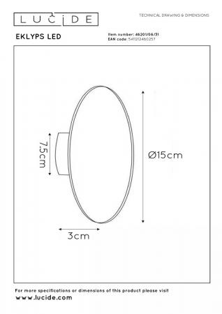 Lucide EKLYPS LED Wandleuchte Ø15 cm Weiß 3000K 7W moderne Akzentlampe