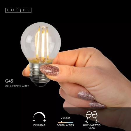 Lucide G45 LED Glühfadenlampe E27 Ø4,5 cm 4W 2700K dimmbar Transparent
