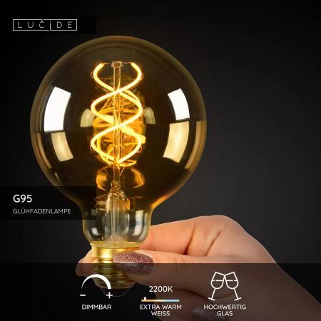 Lucide G95 LED Glühfadenlampe Ø9,5cm E27 4,9W 2200K Amber dimmbar