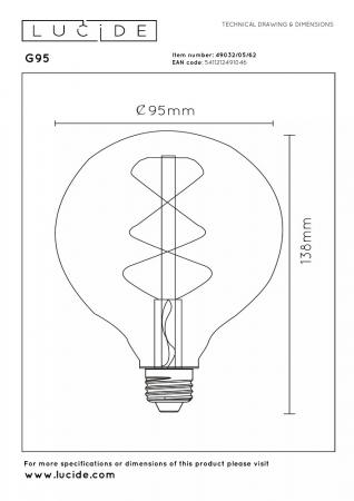 Lucide G95 LED Glühfadenlampe Ø9,5cm E27 4,9W 2200K Amber dimmbar